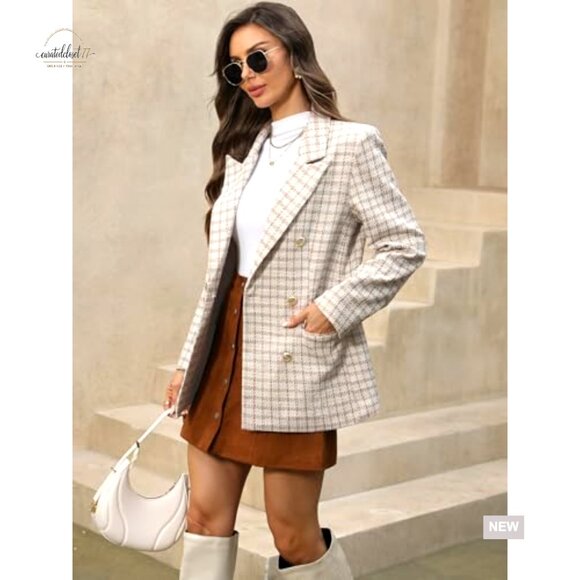 Oversized Plaid Tweed Blazer Boyfriend Style Double Breasted Jacket - Picture 4 of 7
